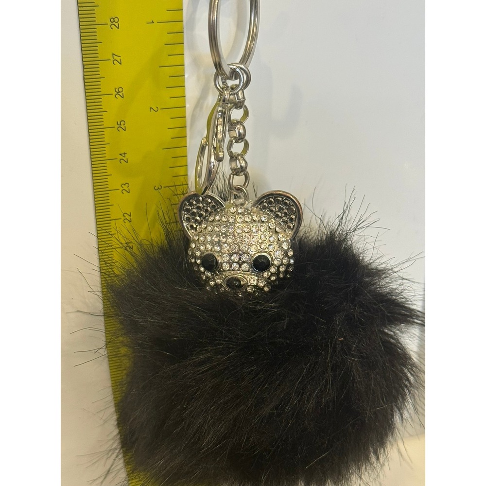 Black Faux Fur Pom Pom Bear Keychain Rhinestone Bag Charm Silver Tone Star Back